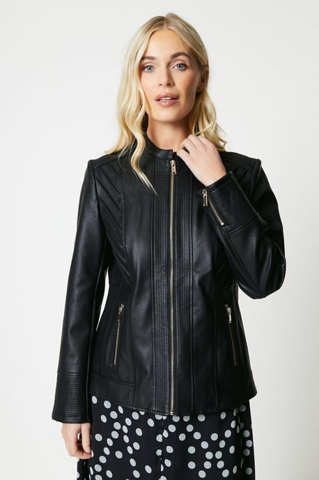 Petite Black Faux Leather Seam Detail Jacket - Image 1