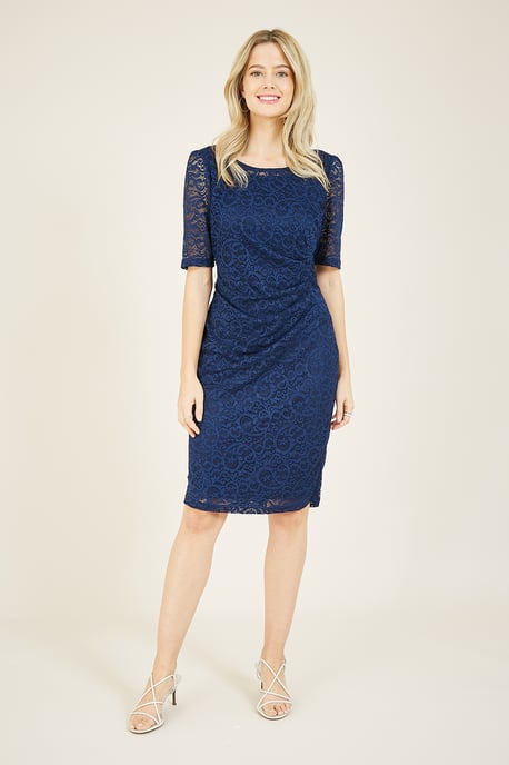 Yumi Navy Ruched Lace Dress