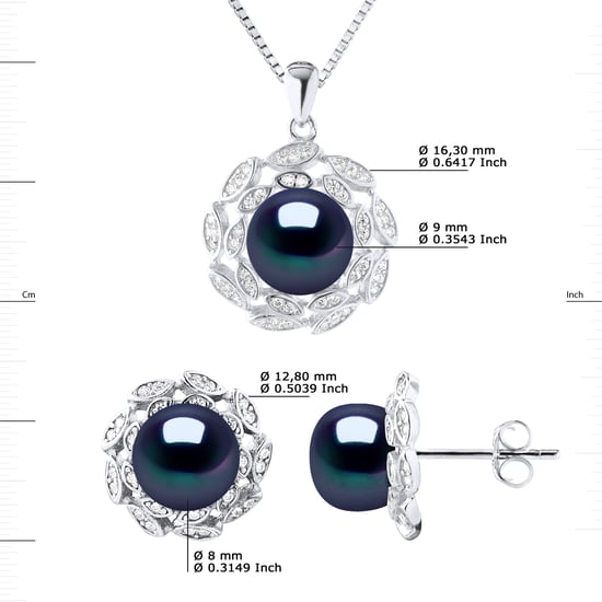 Finery necklace 9-10mm & Earrings FLOWER Sweet Water Beads 9-10mm Black 925