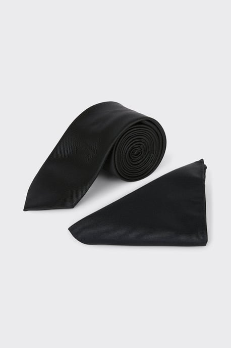 Longer Length Slim Black Tie And Pocket Square Set