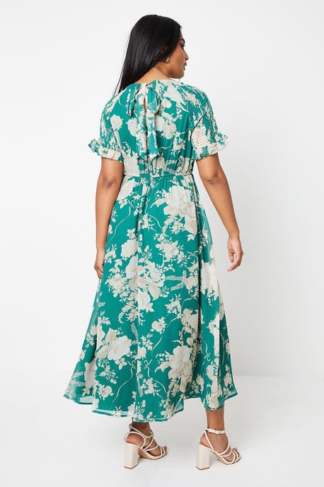 Floral Shirred Shoulder Chiffon Midi Dress