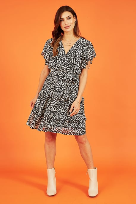 Black Floral Wrap Skater Dress