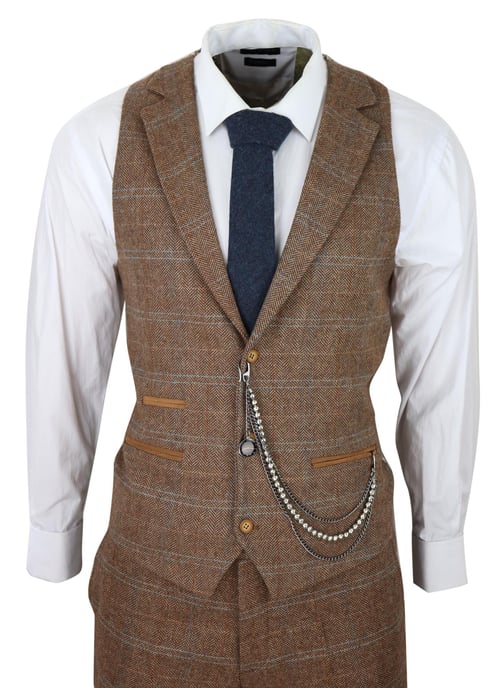 Traje de lana de 3 piezas para hombre, de tweed marrón roble, con cuadros de espiga y Peaky Blinders, Gatsby - Image 5