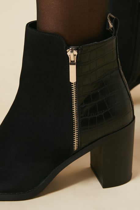 Melrose Mixed Material Side Zip Block High Heel Ankle Boot
