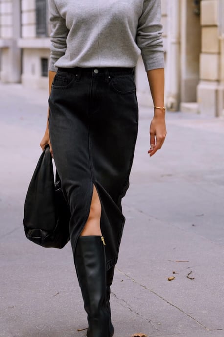 Charcoal Grey Longline Denim Midi Skirt