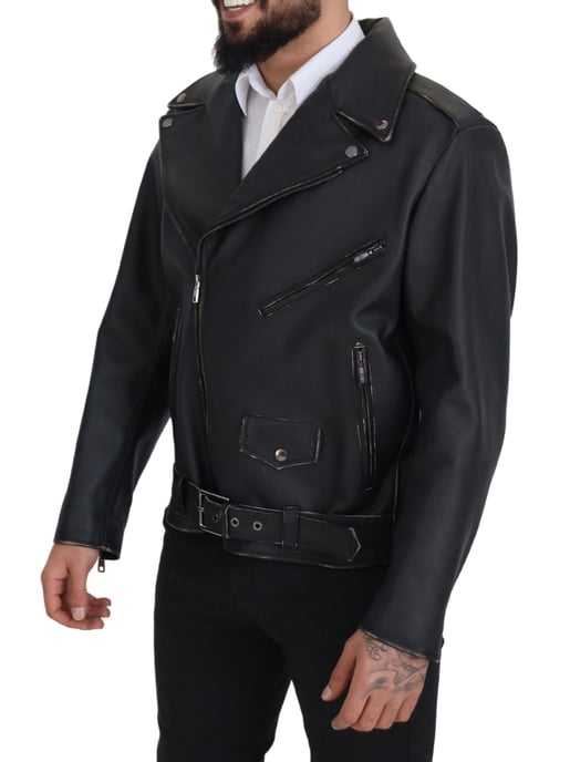 Chaqueta de Hombre de Cuero Negro Biker con Cremallera de Dolce & Gabbana - Image 2