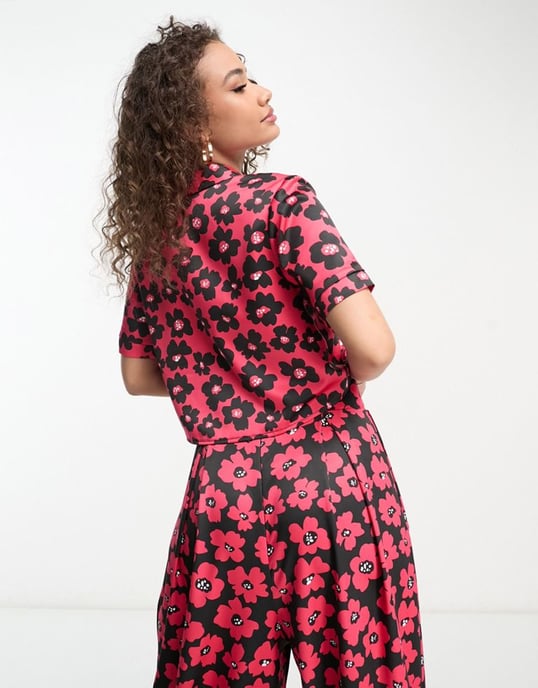Flounce London short sleeve cropped shirt in red and black floral co-ord
