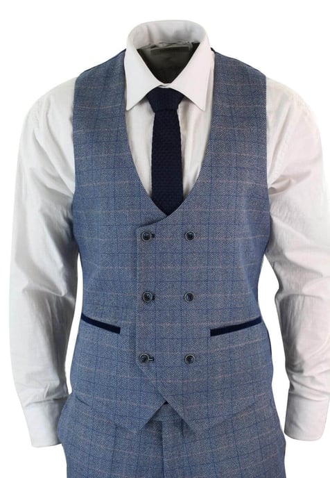 Traje de tres piezas de cuadros en espiga azul y gris para hombre - Image 5