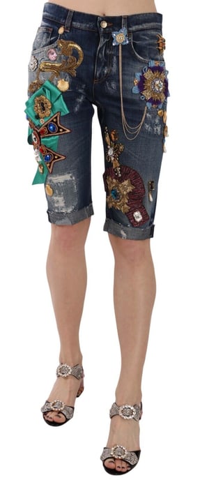 Shorts Capri de Cristales Azul de Mezclilla Media Cintura para Mujer de Dolce & Gabbana - Image 1