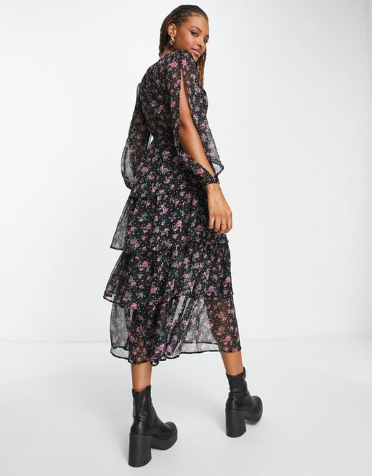 Miss Selfridge chiffon tiered maxi dress in spot floral print-Black