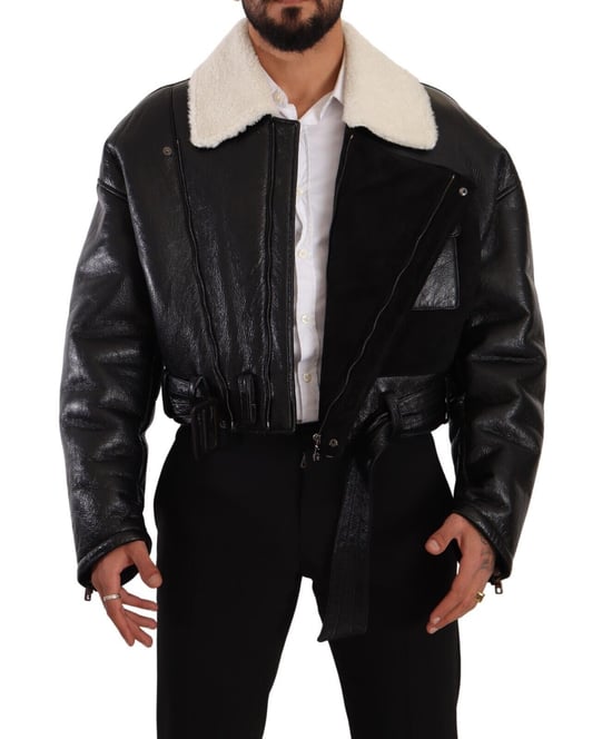 Abrigo de motociclista de cuero negro con forro de piel de oveja para hombre de Dolce & Gabbana - Image 6