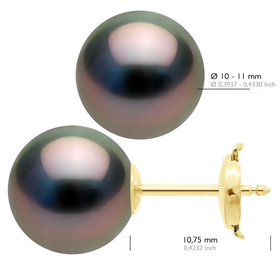 Earrings - Yellow Gold 375 - Real Cultured Tahiti Pearls Round 10-11 mm - Image 2