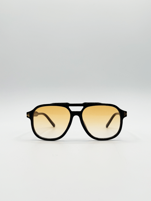 Oversized Navigator Sunglasses in Black with Orange Lenses - Image 1