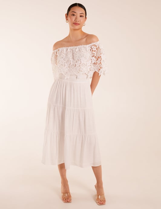 Crochet Lace Shirred Waist Midi Dress