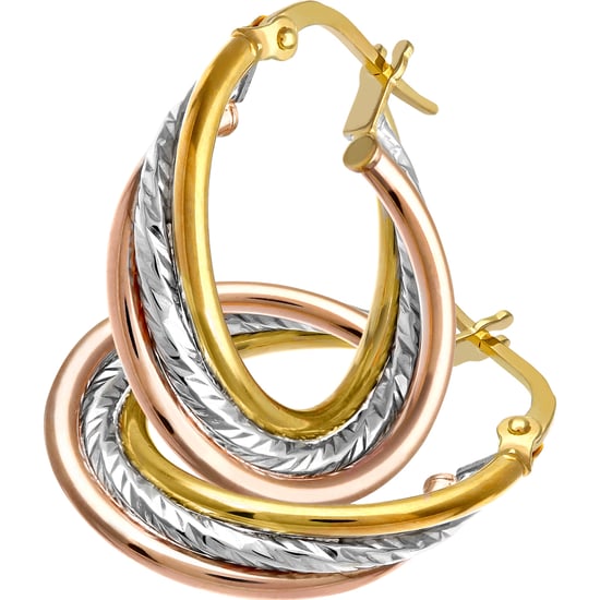 9ct 3 Colour Gold Diamond Cut Crossover Hoop Earrings of 15mm Diameter