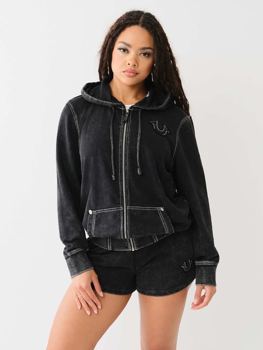 Washed Big T Boyfriend Zip Up Hoodie in Black