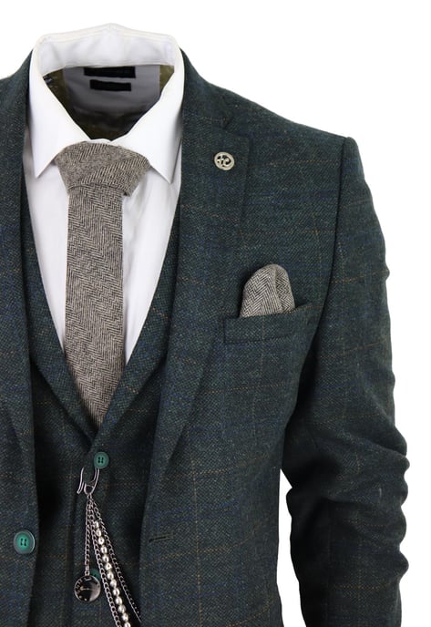 Traje de lana de 3 piezas para hombre, de tweed verde oliva y cuadros, Peaky Blinders, estilo Gatsby de los años 20 - Image 5