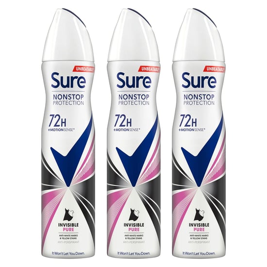 Sure Women Antiperspirant 72H Nonstop Protection Invisible Pure Deodorant 250ml, 3 Pack