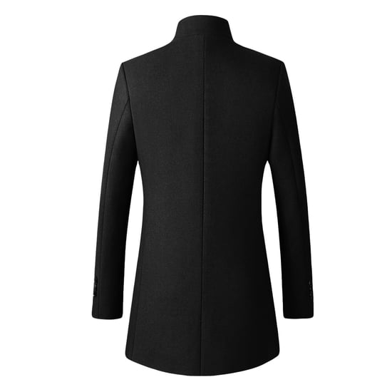 Men's Wool Long Slim Fit Stand-Up Collar Business Coat for Winter Black - Image 2