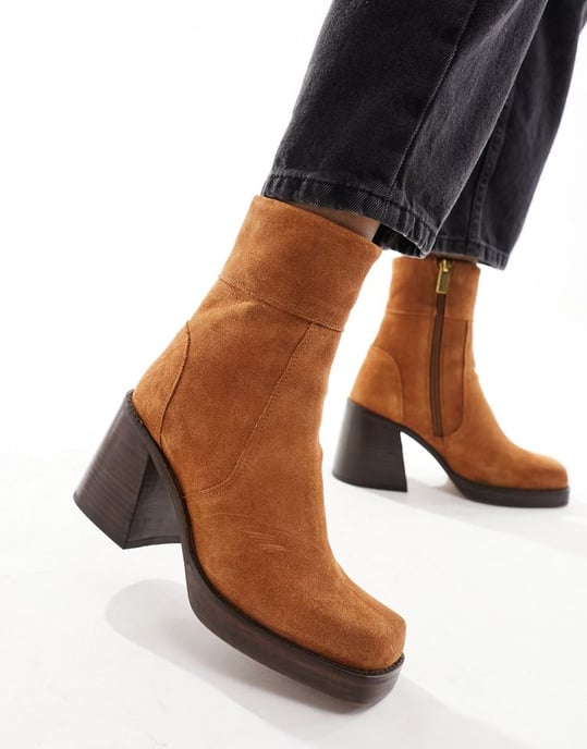 ASOS DESIGN Wide Fit Region suede mid-heel boots in tan-Brown