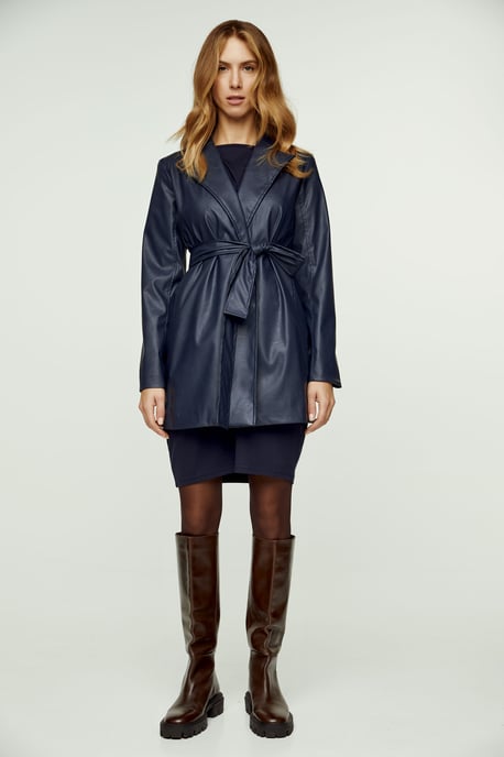Navy Faux Leather Jacket with Belt