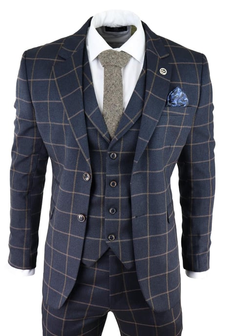 Traje de tweed de tres piezas a cuadros azul marino para hombre, Peaky Blinders, estilo Gatsby de los años 20, corte entallado - Image 1