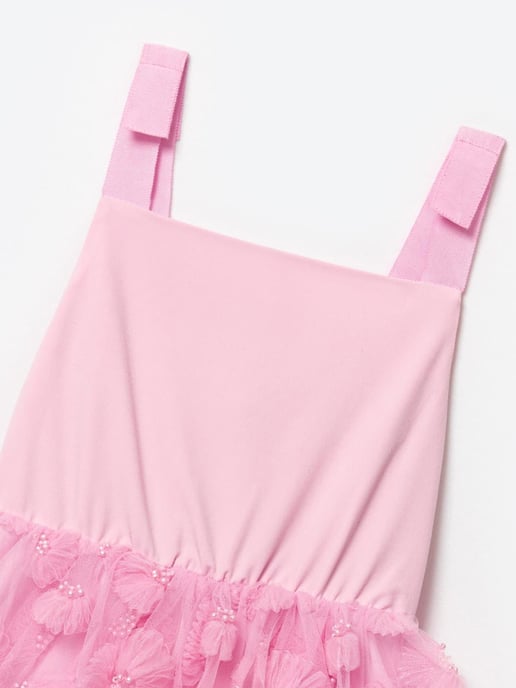 Self Portrait Girls Jersey and Tulle Dress in Pink - Image 3
