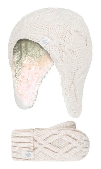Calentadores - Niñas Majestuoso suave y acogedor diseño de cable de punto Bobble Trapper sombrero y mitones Guantes Set - Buttercream - Image 1