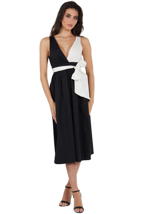 Vestido midi negro con cintura anudada de popelina blanca en contraste - Image 3
