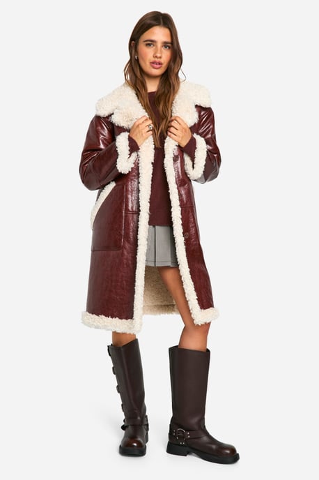 Faux Leather Teddy Trim Longline Aviator Jacket