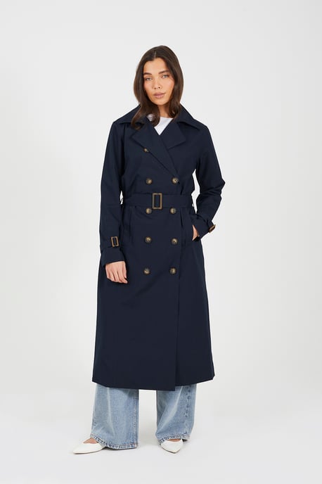 Navy Double-Breasted Longline Trench Coat With Detachable Hood - Image 1