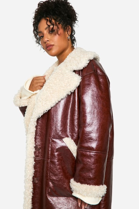 Plus Faux Leather Teddy Trim Longline Aviator Jacket - Image 4
