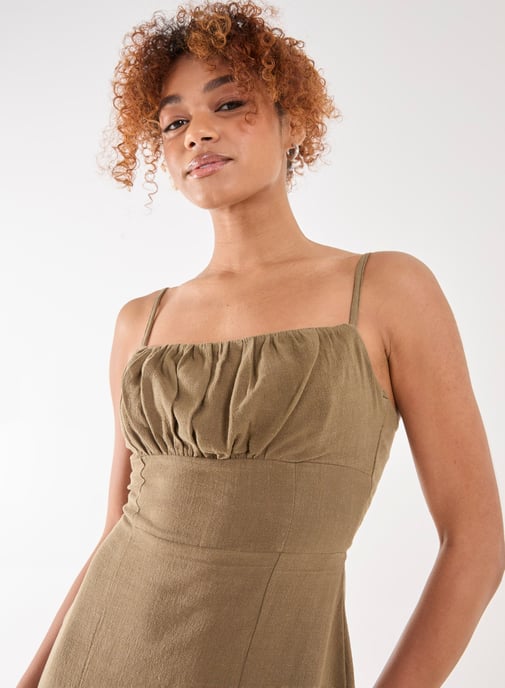 Linen Ruched Strappy Mini Dress