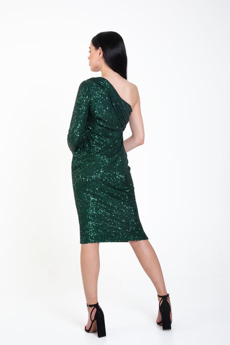 One Shoulder Draped Sequin Midi Dress
