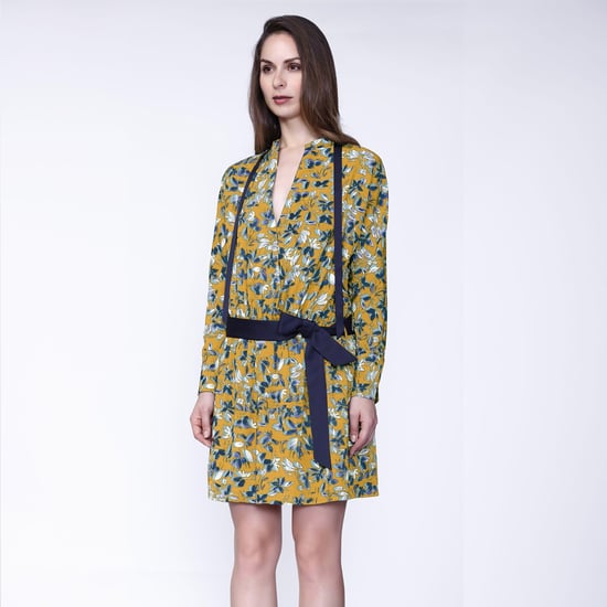Satin collar short dress and leaves print - Image 1