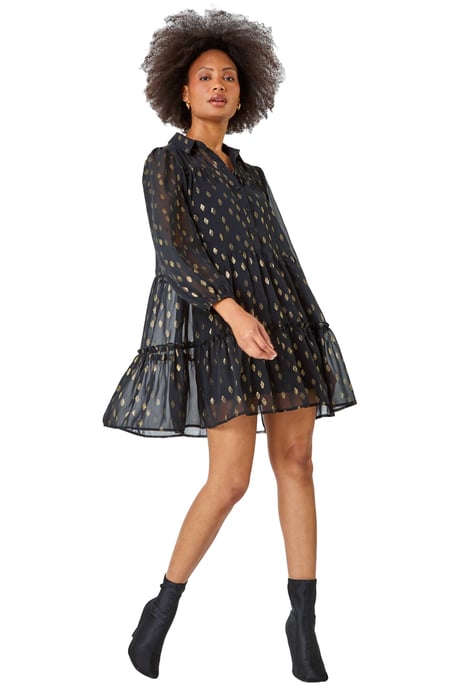 Metallic Print Chiffon Tiered Smock Dress