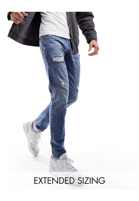 ASOS DESIGN slim jeans in vintage mid blue with rips - Image 1