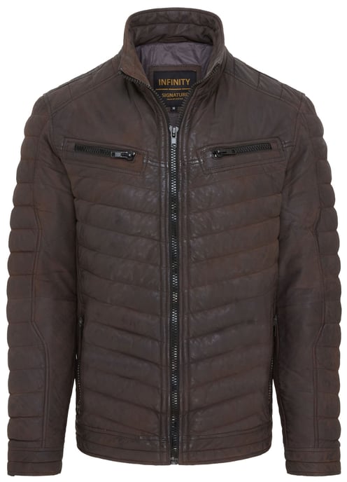 Mens Brown Quilted Puffer Leather Bomber Jacket - Torpoint
