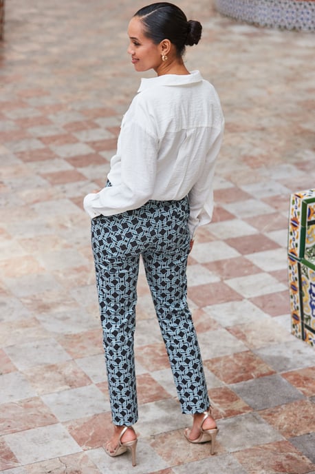 Blue Geometric Print Tapered Leg Trousers