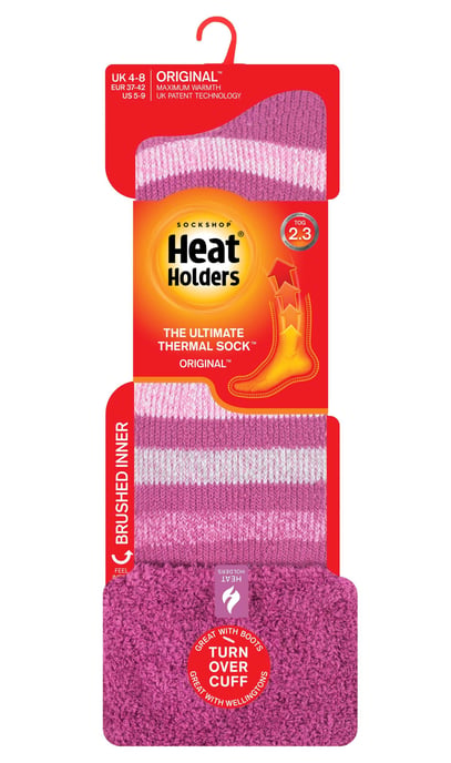 Heat Holders - Mujeres / Damas Calcetines de rayas extra largos para botas de agua | Calcetines térmicos con puño - Raya rosa - Image 2