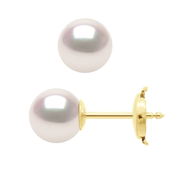 Earrings - Yellow Gold 750 ( 18 Carats) - Real Cultured Pearls Akoya Japanese Certified Round 7-8 mm