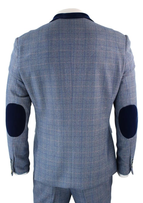 Traje de tres piezas de cuadros en espiga azul y gris para hombre - Image 6