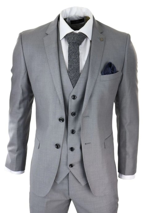 Traje retro clásico de 3 piezas con puntadas en gris claro para hombre - Image 1