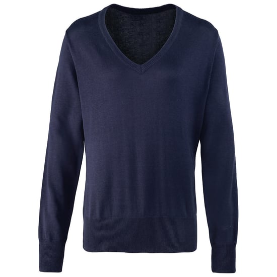 Premier Womens/Ladies Knitted Cotton Acrylic V Neck Sweatshirt (Navy) - Image 1