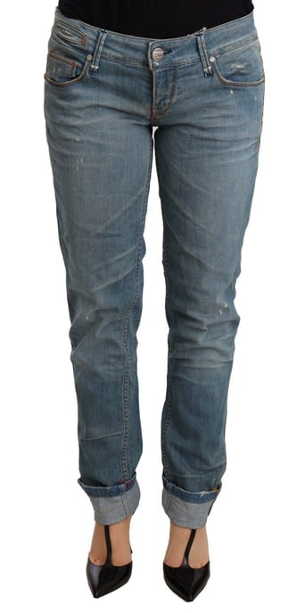 Acht Pantalones de Algodón Lavado Azul para Mujer con Dobladillo Doblado - Image 1