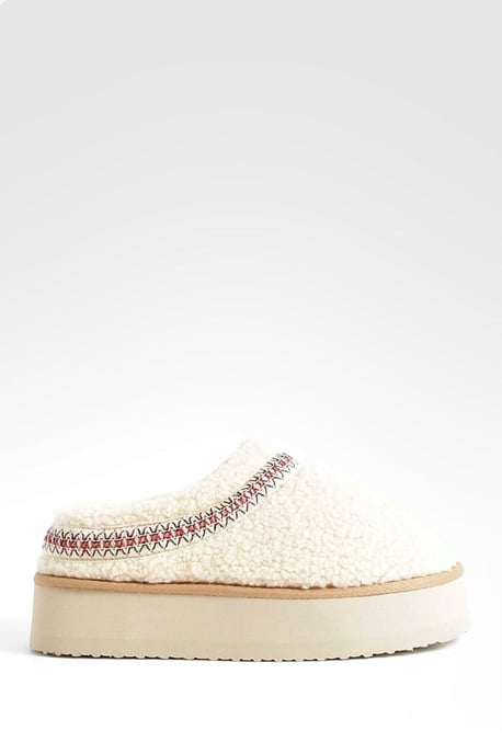 Borg Embroidered Platform Cosy Mules