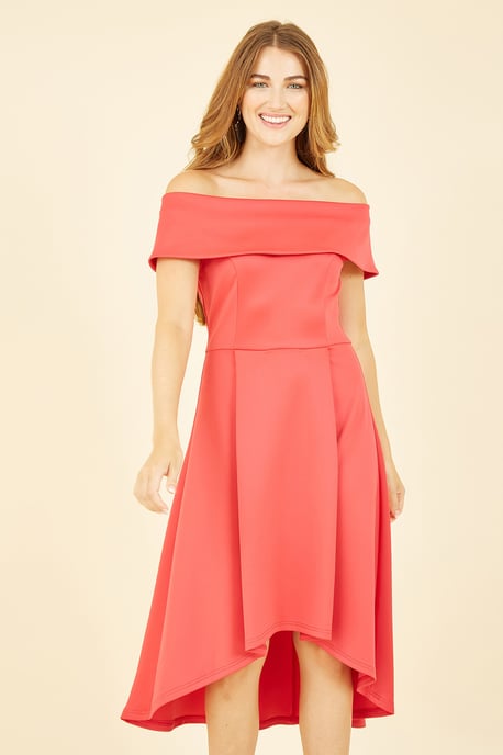 Mela Red Bardot Dipped Hem Dress