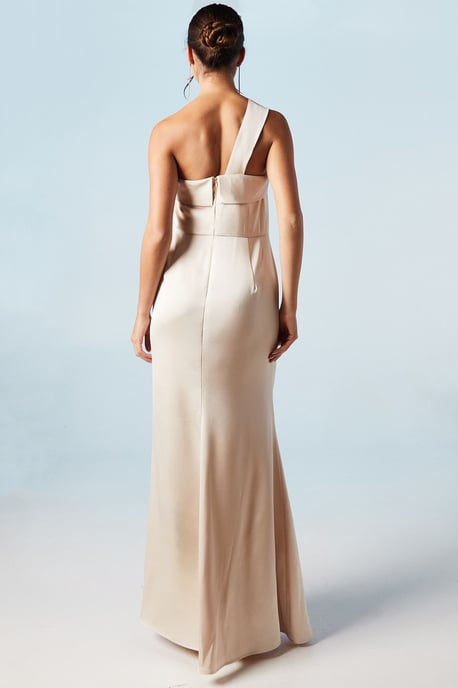 Asymmetric Neckline Satin Bridesmaids Maxi Dress