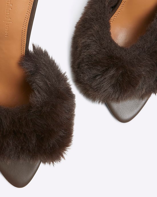 River Island Womens Heeled Mules Brown Faux Fur
