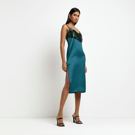 River Island Womens Slip Midi Dress Green Satin Sequin